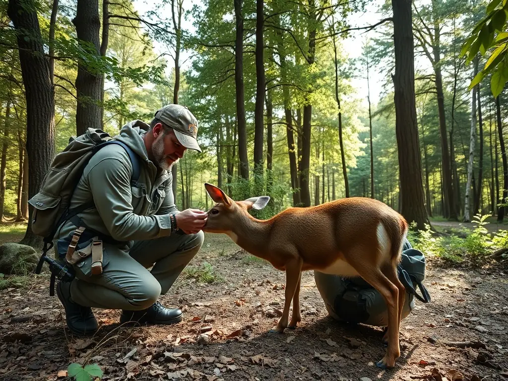 A close-up shot of a wildlife biologist tagging a deer in its natural habitat, showcasing species monitoring and protection efforts.