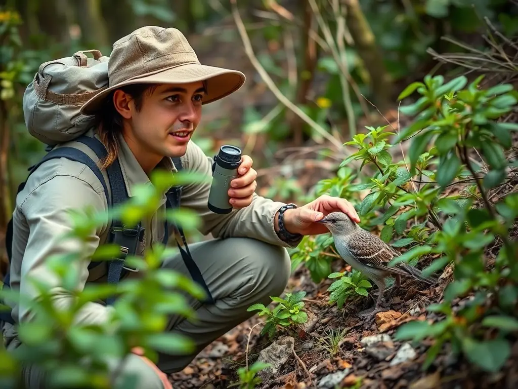 A photograph of a wildlife biologist monitoring a protected species in its natural habitat. The image should highlight the importance of scientific research and conservation efforts.