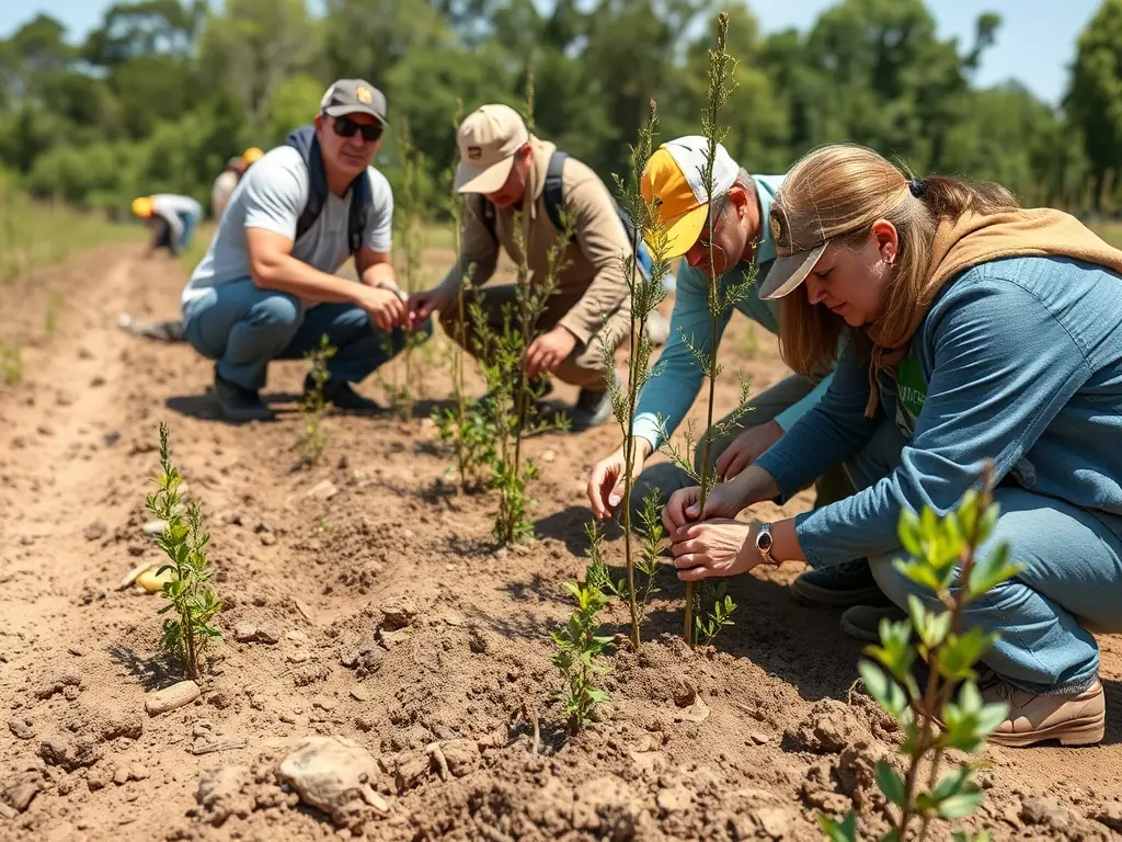 A group of volunteers planting native trees in a deforested area, illustrating habitat restoration efforts.