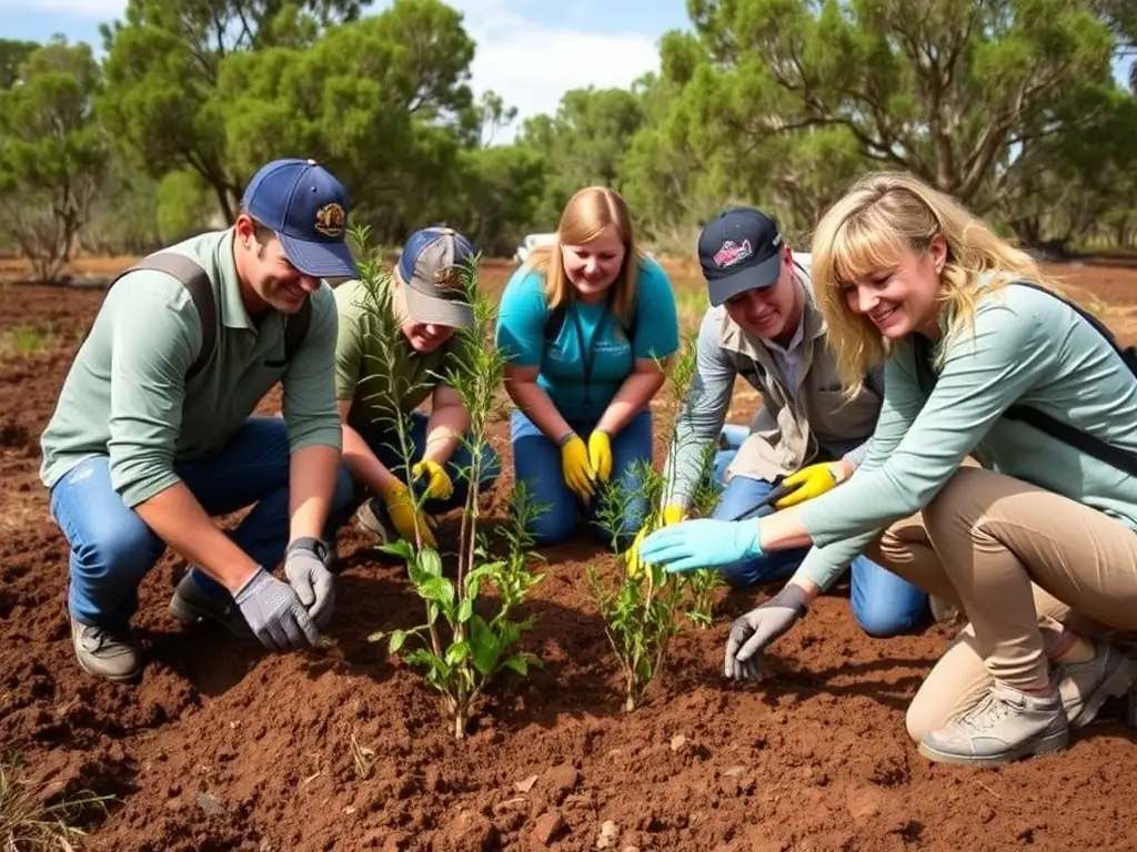 A photograph showcasing volunteers planting native trees in a deforested area, symbolizing habitat restoration efforts. The image should convey a sense of community involvement and environmental stewardship.