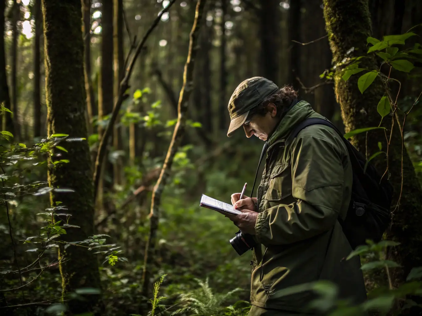 A photograph showing a wildlife biologist monitoring a local deer population in its natural habitat, emphasizing the importance of scientific data in wildlife management.