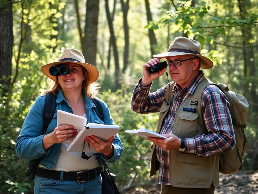 A wildlife biologist conducting a population survey of local deer, using binoculars and a notebook to record observations in a natural setting.