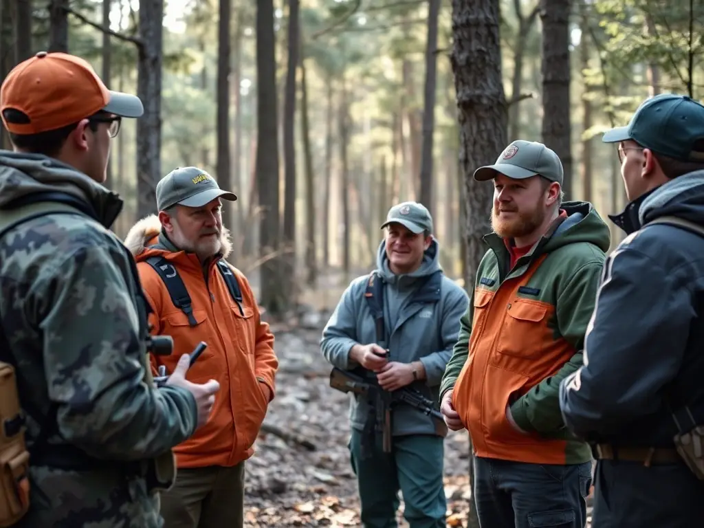 A photograph featuring a group of local hunters participating in a training session on responsible hunting practices, highlighting the organization's commitment to ethical hunting.
