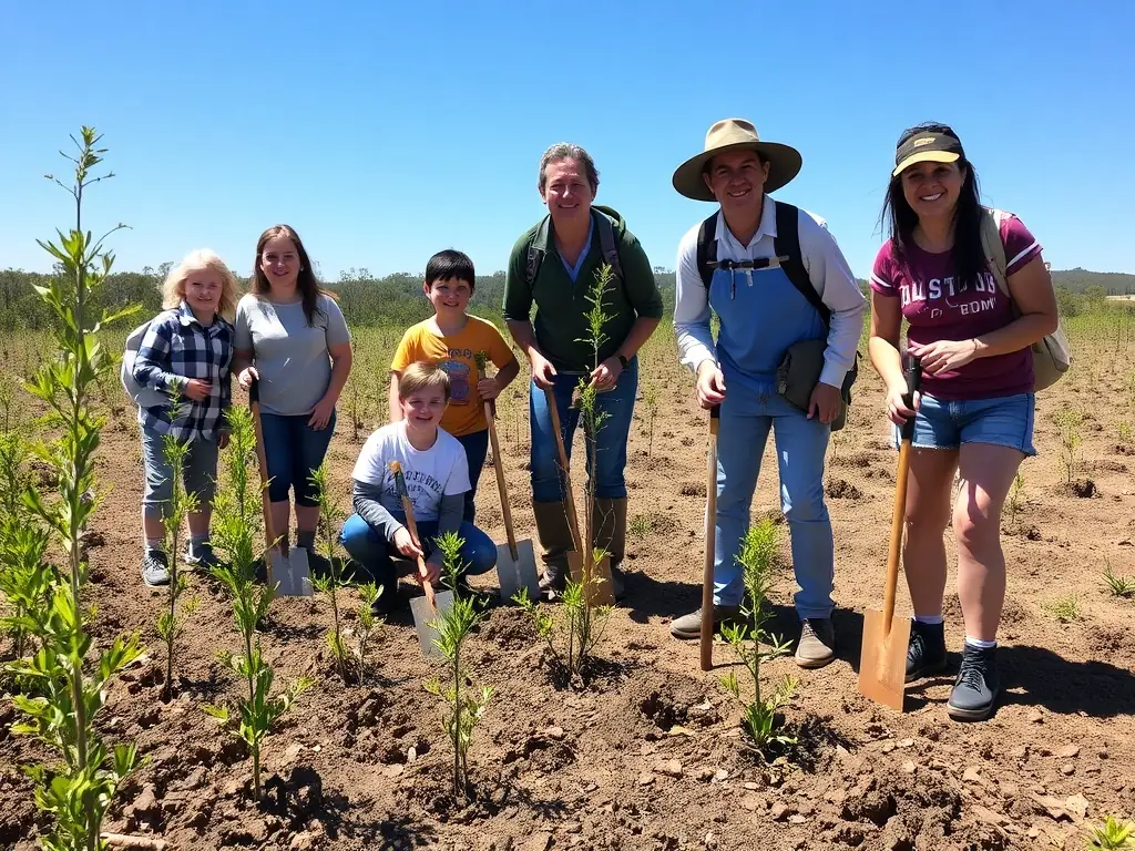 A group of volunteers planting native trees as part of a habitat restoration project, focusing on reforestation efforts to enhance biodiversity and create wildlife corridors.