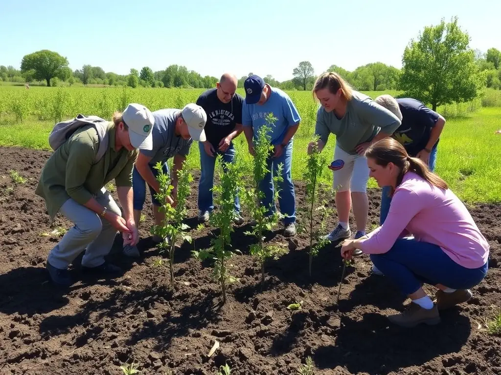 A photograph depicting volunteers planting native trees as part of a habitat restoration project in Lesterps, showcasing community involvement in conservation efforts.